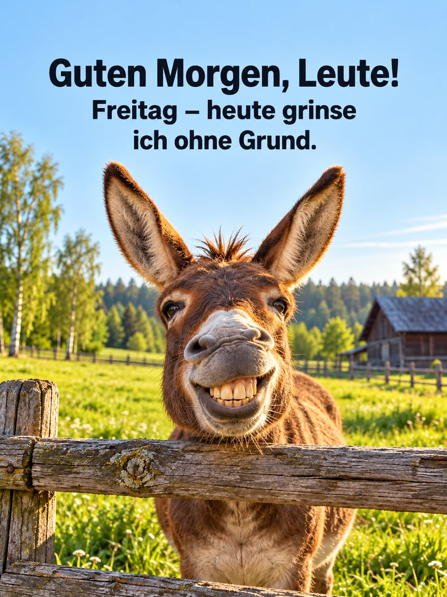 Guten-Morgen-Bild zum Freitag mit dem Text „Guten Morgen, Leute!“ und „Freitag – heute grinse ich ohne Grund.“ – Motiv: Esel, Koppel, Grinsen, Freitagslaune