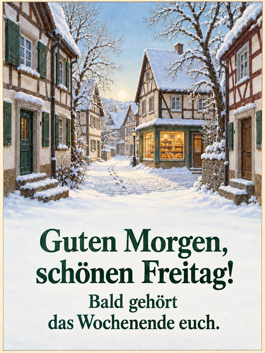 Guten-Morgen-Bild zum Freitag mit dem Text „Guten Morgen, schönen Freitag!“ und „Bald gehört das Wochenende euch.“ – Motiv: Fachwerkhäuser, Gasse, Schnee, Bäckerei, Winter
