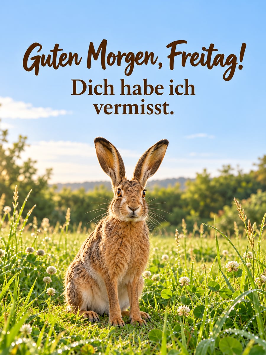 Guten-Morgen-Bild zum Freitag mit dem Text „Guten Morgen, Freitag!“ und „Dich habe ich vermisst.“ – Motiv: Feldhase, Wiese, Morgentau, Freitag
