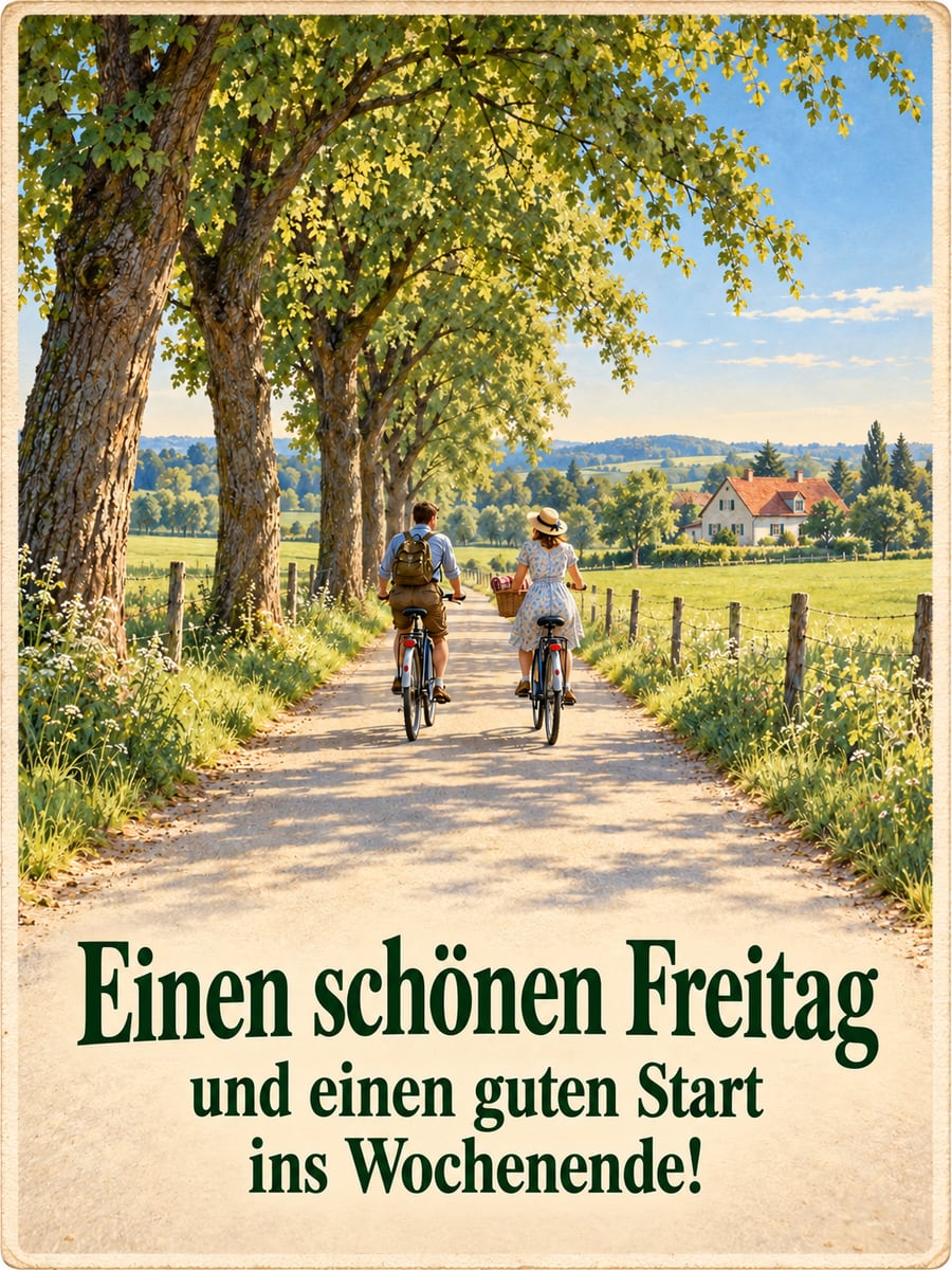 Guten-Morgen-Bild zum Freitag mit dem Text „Einen schönen Freitag und einen guten Start ins Wochenende!“ – Motiv: Fahrrad, Freunde, Lindenallee, Ausflug