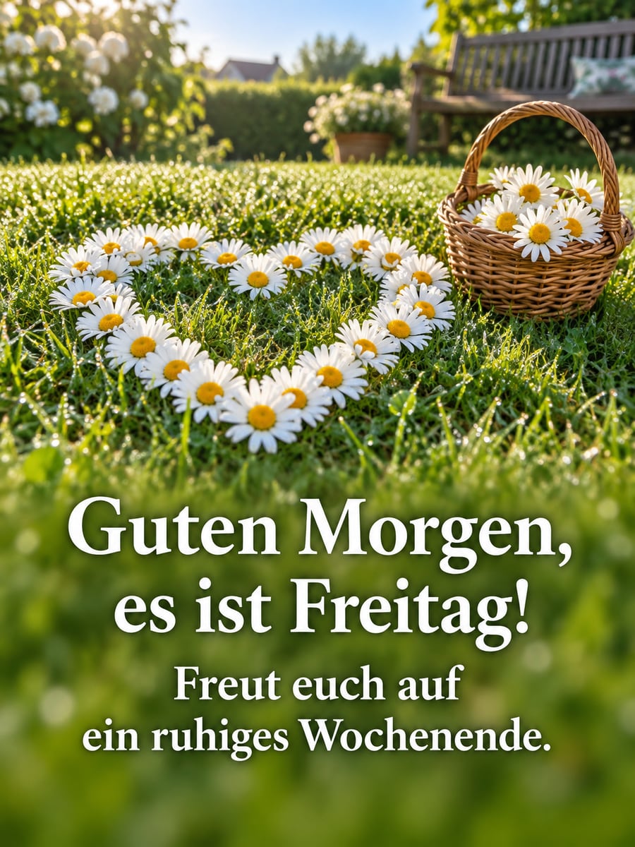 Guten-Morgen-Bild zum Freitag mit dem Text „Guten Morgen, es ist Freitag!“ und „Freut euch auf ein ruhiges Wochenende.“ – Motiv: Gänseblümchen, Herz, Rasen, Morgentau