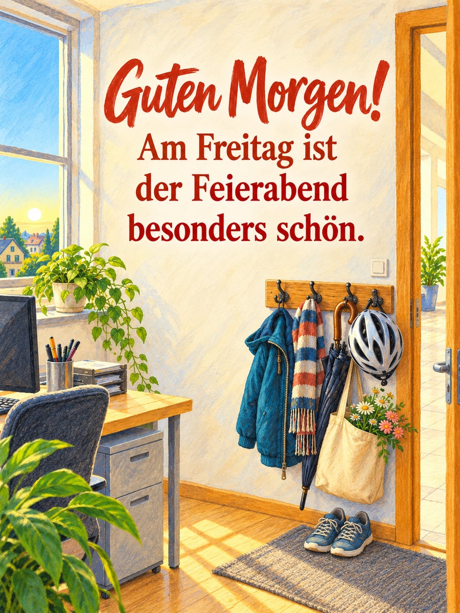 Guten-Morgen-Bild zum Freitag mit dem Text „Guten Morgen!“ und „Am Freitag ist der Feierabend besonders schön.“ – Motiv: Feierabend, Garderobe, Büro, Fahrradhelm