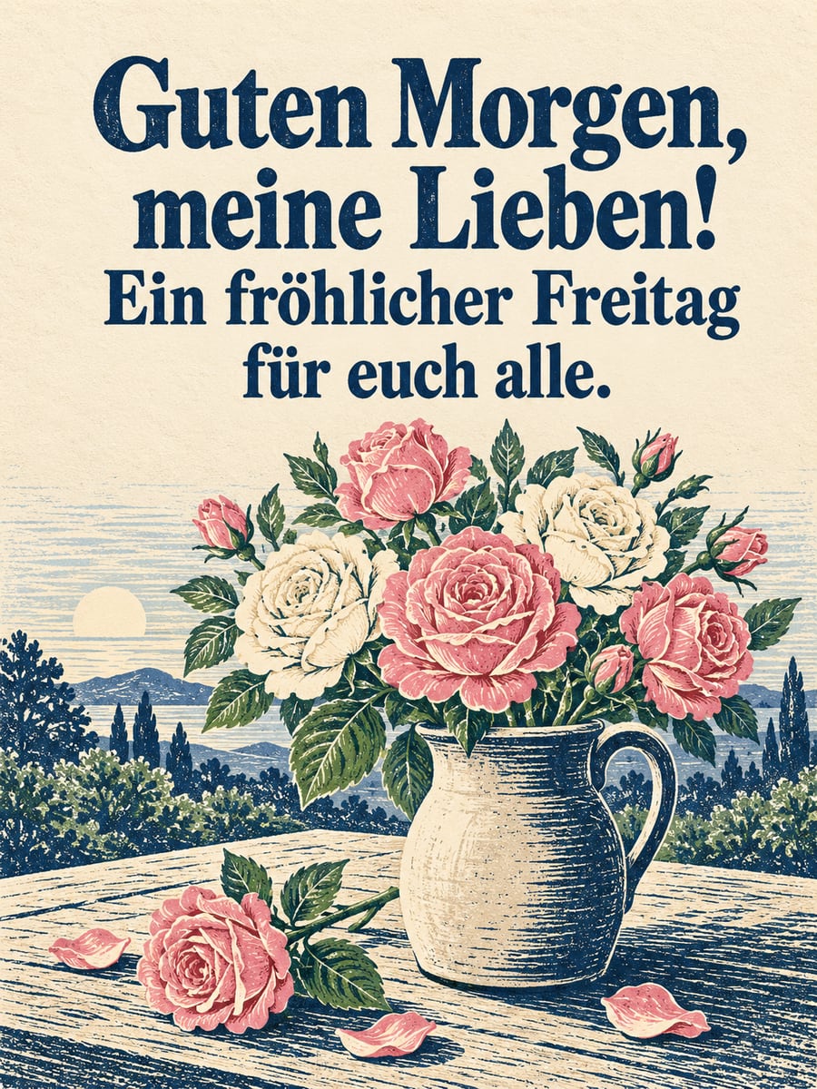 Guten-Morgen-Bild zum Freitag mit dem Text „Guten Morgen, meine Lieben!“ und „Ein fröhlicher Freitag für euch alle.“ – Motiv: Rosen, Krug, Blumenstrauß, Linolschnitt