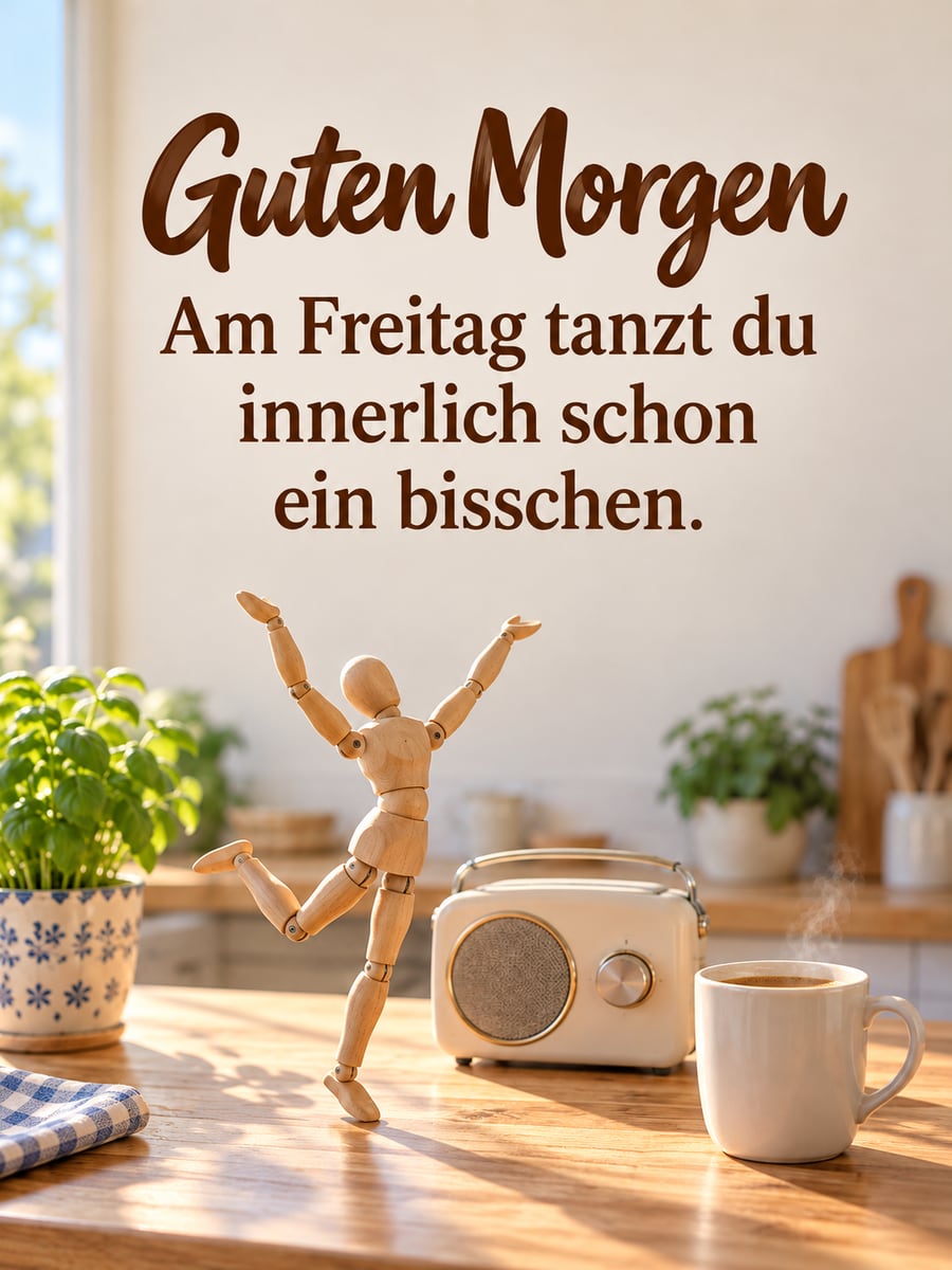 Guten-Morgen-Bild zum Freitag mit dem Text „Guten Morgen“ und „Am Freitag tanzt du innerlich schon ein bisschen.“ – Motiv: Gliederpuppe, Küchenradio, Tanzen, Küche