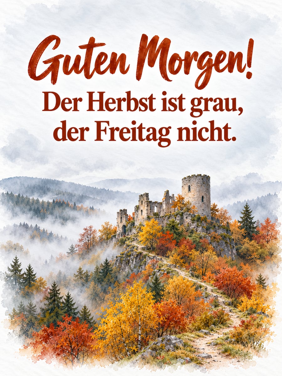 Guten-Morgen-Bild zum Freitag mit dem Text „Guten Morgen!“ und „Der Herbst ist grau, der Freitag nicht.“ – Motiv: Burgruine, Herbstwald, Nebel, Mittelgebirge