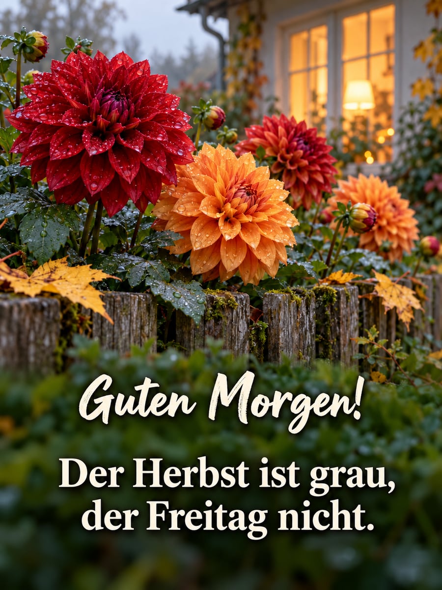 Guten-Morgen-Bild zum Freitag mit dem Text „Guten Morgen!“ und „Der Herbst ist grau, der Freitag nicht.“ – Motiv: Dahlien, Garten, Regentropfen, Herbst