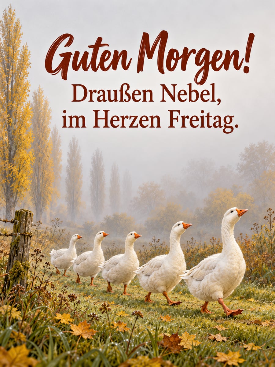 Guten-Morgen-Bild zum Freitag mit dem Text „Guten Morgen!“ und „Draußen Nebel, im Herzen Freitag.“ – Motiv: Gänse, Nebel, Pappeln, Herbst