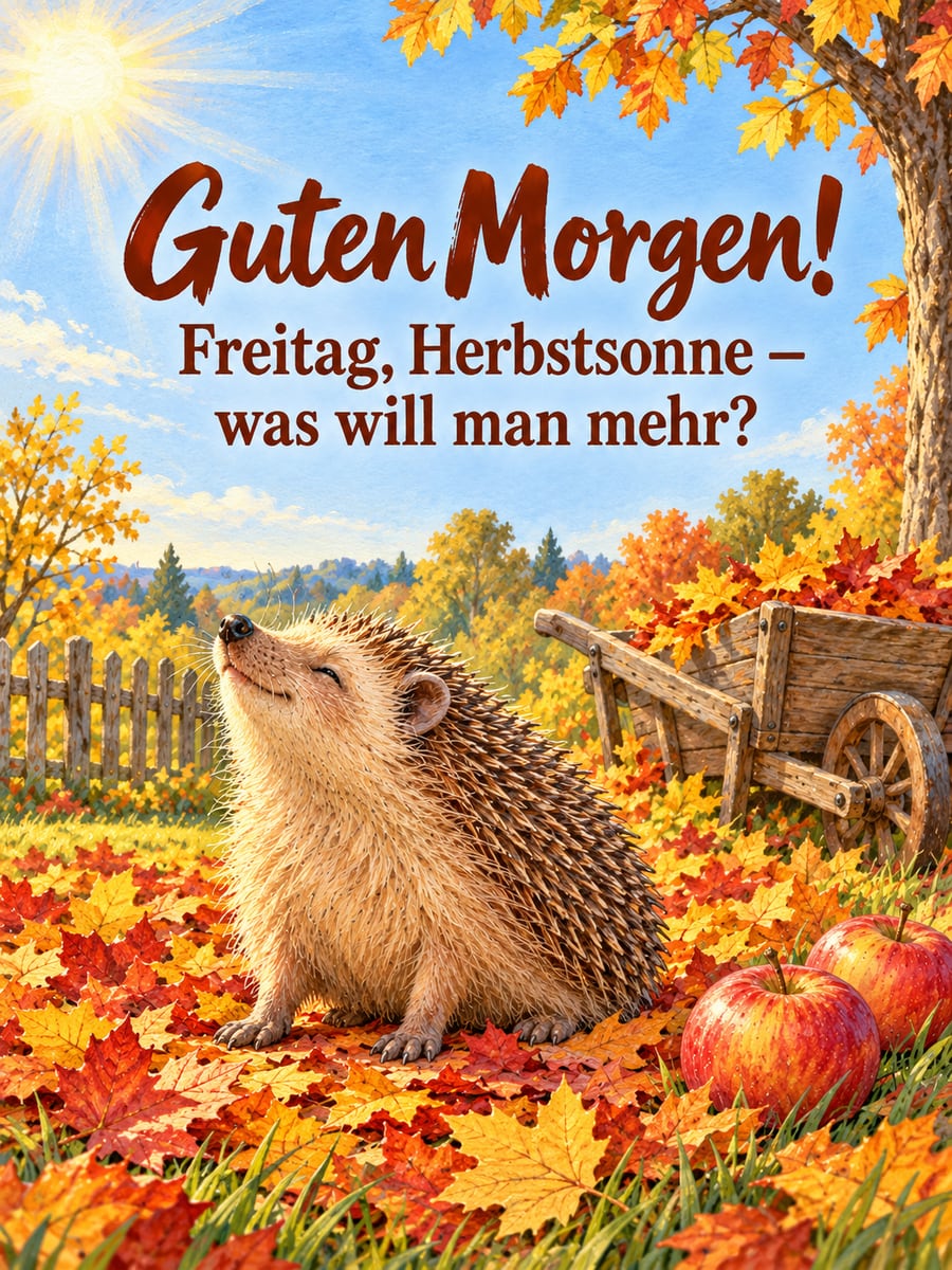 Guten-Morgen-Bild zum Freitag mit dem Text „Guten Morgen!“ und „Freitag, Herbstsonne – was will man mehr?“ – Motiv: Igel, Herbstlaub, Herbstsonne, Äpfel