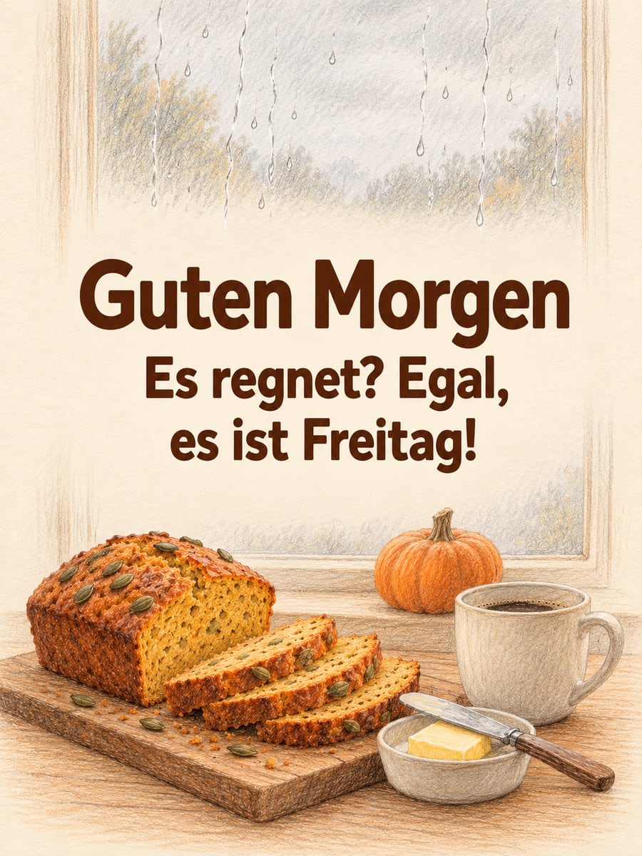 Guten-Morgen-Bild zum Freitag mit dem Text „Guten Morgen“ und „Es regnet? Egal, es ist Freitag!“ – Motiv: Kürbisbrot, Regen, Kaffee, Kürbis