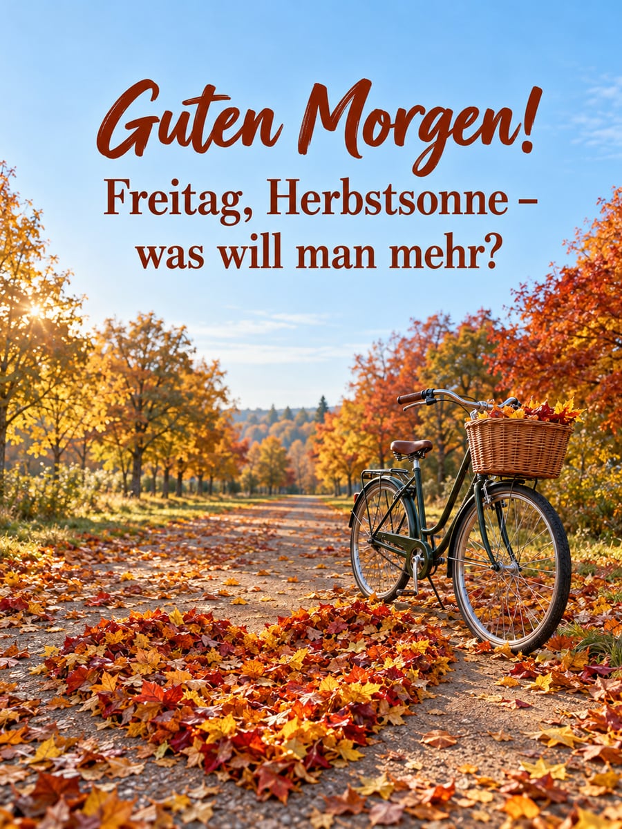 Guten-Morgen-Bild zum Freitag mit dem Text „Guten Morgen!“ und „Freitag, Herbstsonne – was will man mehr?“ – Motiv: Laubherz, Fahrrad, Kastanienallee, Herbstsonne
