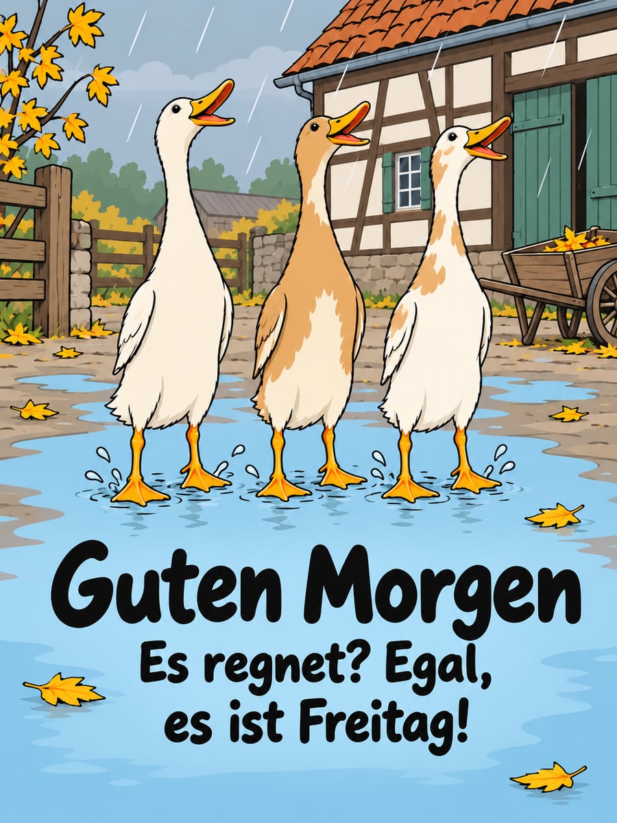 Guten-Morgen-Bild zum Freitag mit dem Text „Guten Morgen“ und „Es regnet? Egal, es ist Freitag!“ – Motiv: Laufenten, Regen, Pfütze, Bauernhof