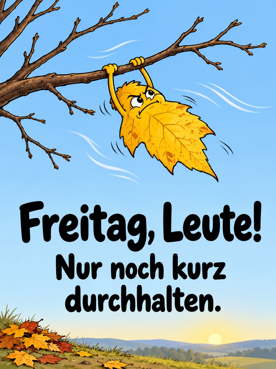 Guten-Morgen-Bild zum Freitag mit dem Text „Freitag, Leute!“ und „Nur noch kurz durchhalten.“ – Motiv: Herbstblatt, Zweig, Wind, Cartoon