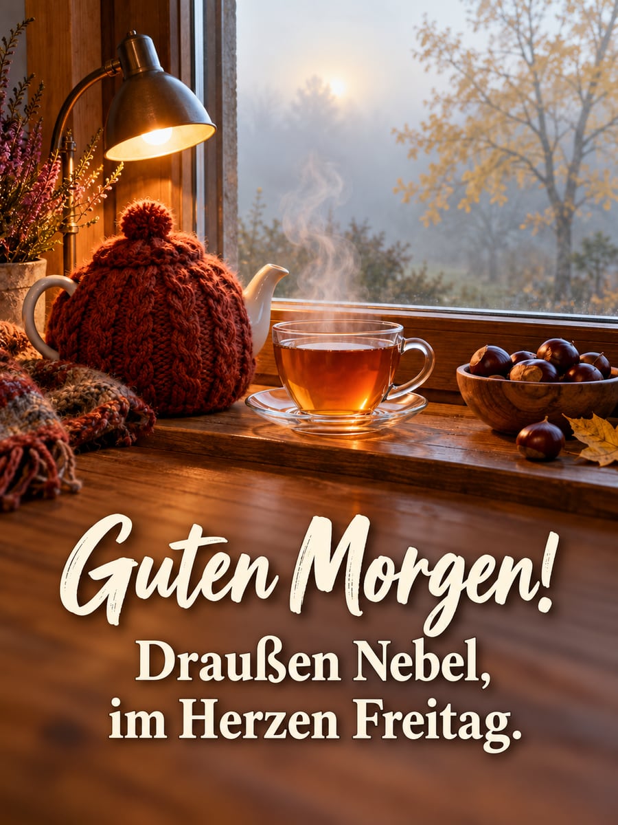 Guten-Morgen-Bild zum Freitag mit dem Text „Guten Morgen!“ und „Draußen Nebel, im Herzen Freitag.“ – Motiv: Tee, Teewärmer, Nebel, Kastanien
