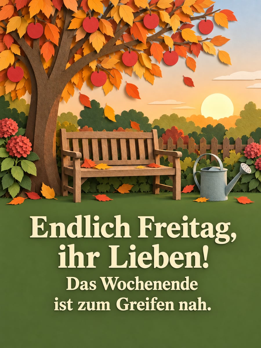Guten-Morgen-Bild zum Freitag mit dem Text „Endlich Freitag, ihr Lieben!“ und „Das Wochenende ist zum Greifen nah.“ – Motiv: Apfelbaum, Gartenbank, Gießkanne, Herbstlaub, Scherenschnitt