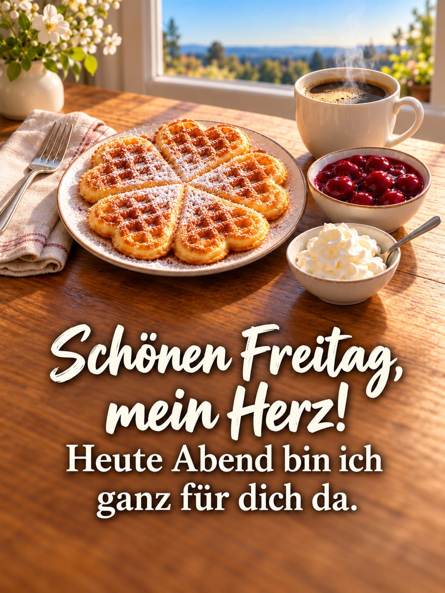 Guten-Morgen-Bild zum Freitag mit dem Text „Schönen Freitag, mein Herz!“ und „Heute Abend bin ich ganz für dich da.“ – Motiv: Herzwaffeln, Kirschen, Sahne, Kaffee