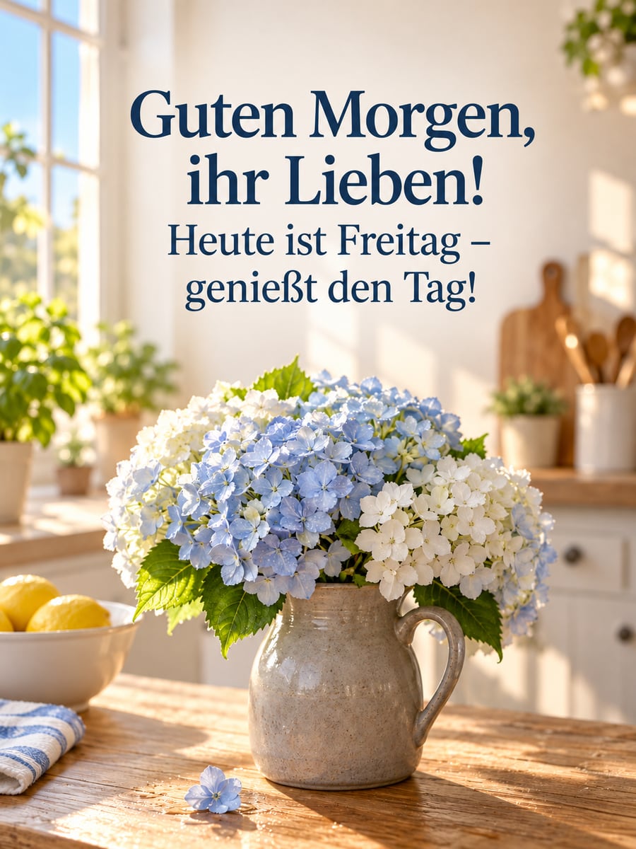 Guten-Morgen-Bild zum Freitag mit dem Text „Guten Morgen, ihr Lieben!“ und „Heute ist Freitag – genießt den Tag!“ – Motiv: Hortensien, Blumenstrauß, Steinkrug, Küche