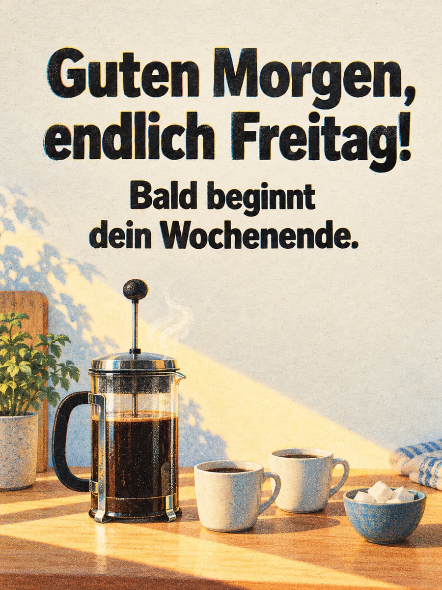 Guten-Morgen-Bild zum Freitag mit dem Text „Guten Morgen, endlich Freitag!“ und „Bald beginnt dein Wochenende.“ – Motiv: Kaffeebereiter, Kaffee, Küche, Zuckerwürfel
