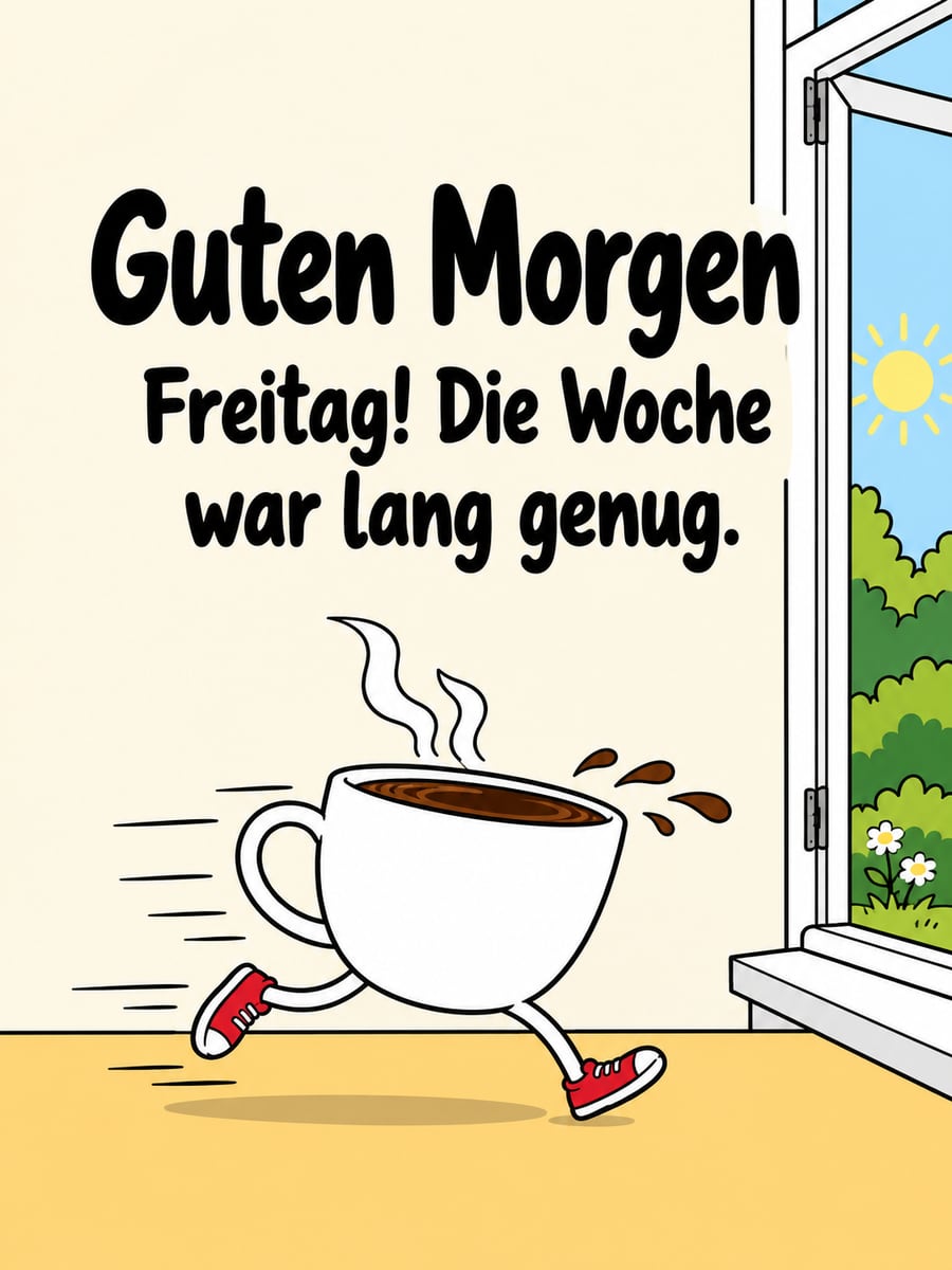 Guten-Morgen-Bild zum Freitag mit dem Text „Guten Morgen“ und „Freitag! Die Woche war lang genug.“ – Motiv: Kaffeetasse, Turnschuhe, Cartoon, Wochenende