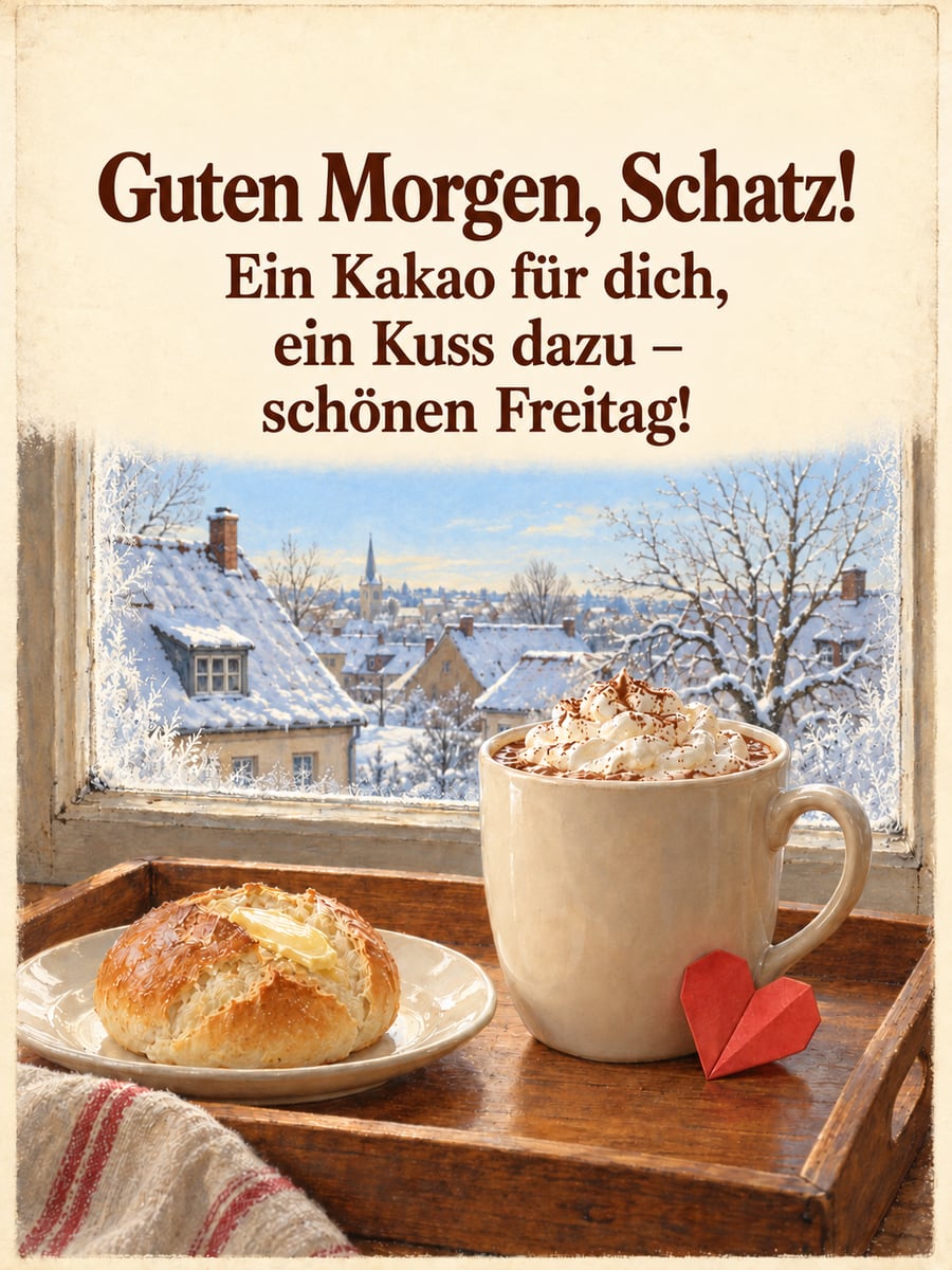 Guten-Morgen-Bild zum Freitag mit dem Text „Guten Morgen, Schatz!“ und „Ein Kakao für dich, ein Kuss dazu – schönen Freitag!“ – Motiv: Kakao, Frühstückstablett, Brötchen, Papierherz, Winter