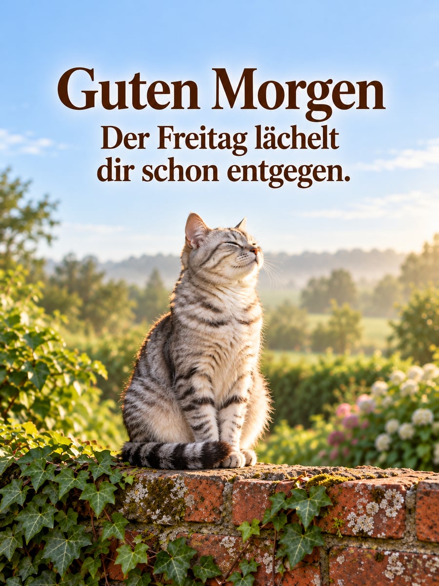 Guten-Morgen-Bild zum Freitag mit dem Text „Guten Morgen“ und „Der Freitag lächelt dir schon entgegen.“ – Motiv: Katze, Gartenmauer, Efeu, Morgensonne
