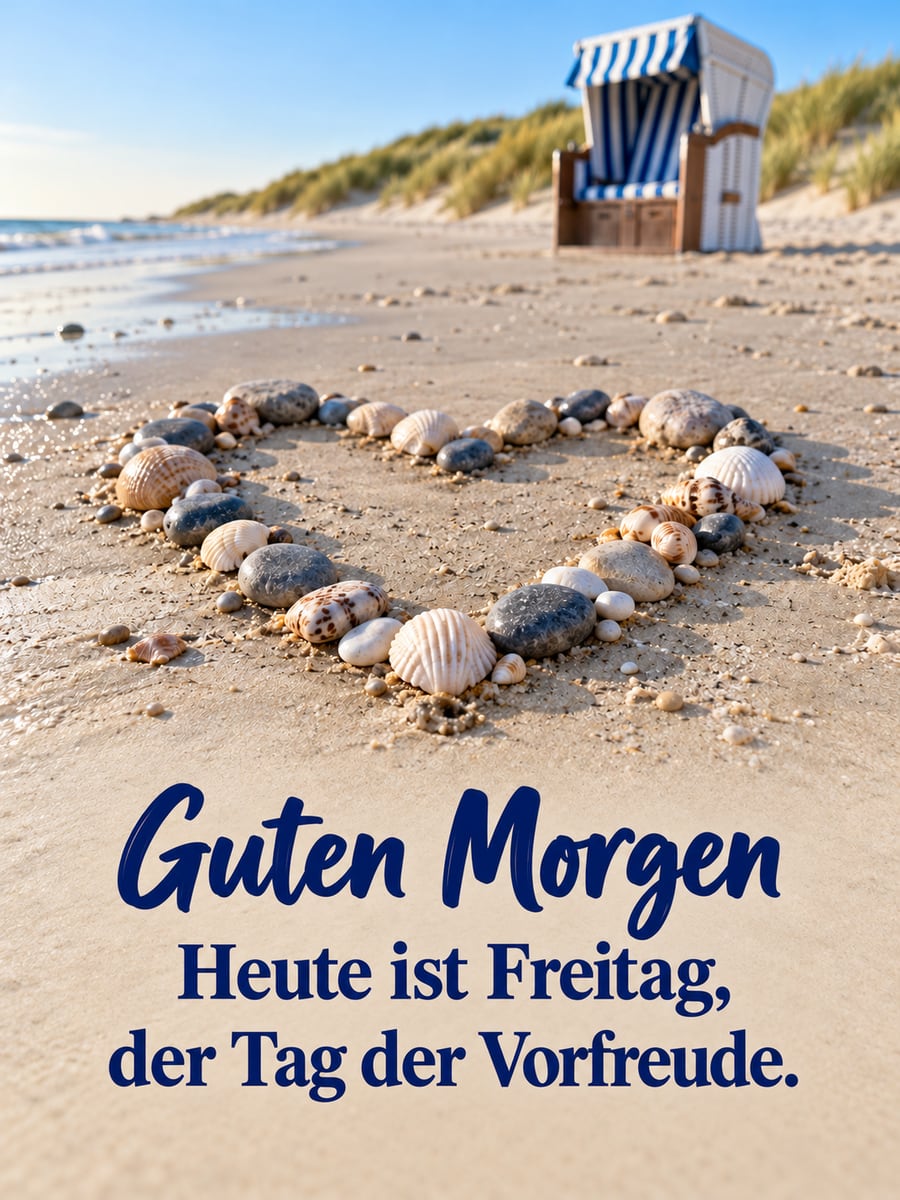 Guten-Morgen-Bild zum Freitag mit dem Text „Guten Morgen“ und „Heute ist Freitag, der Tag der Vorfreude.“ – Motiv: Kieselherz, Strand, Strandkorb, Nordsee