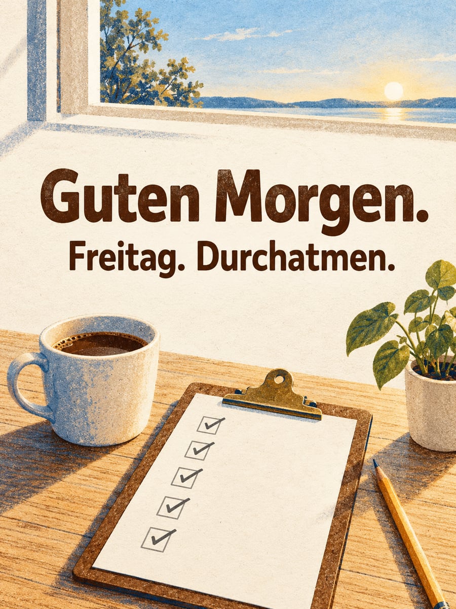 Guten-Morgen-Bild zum Freitag mit dem Text „Guten Morgen.“ und „Freitag. Durchatmen.“ – Motiv: Klemmbrett, Checkliste, Bleistift, Büro