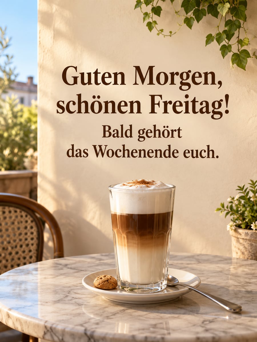 Guten-Morgen-Bild zum Freitag mit dem Text „Guten Morgen, schönen Freitag!“ und „Bald gehört das Wochenende euch.“ – Motiv: Latte Macchiato, Café, Mandelgebäck, Kaffee