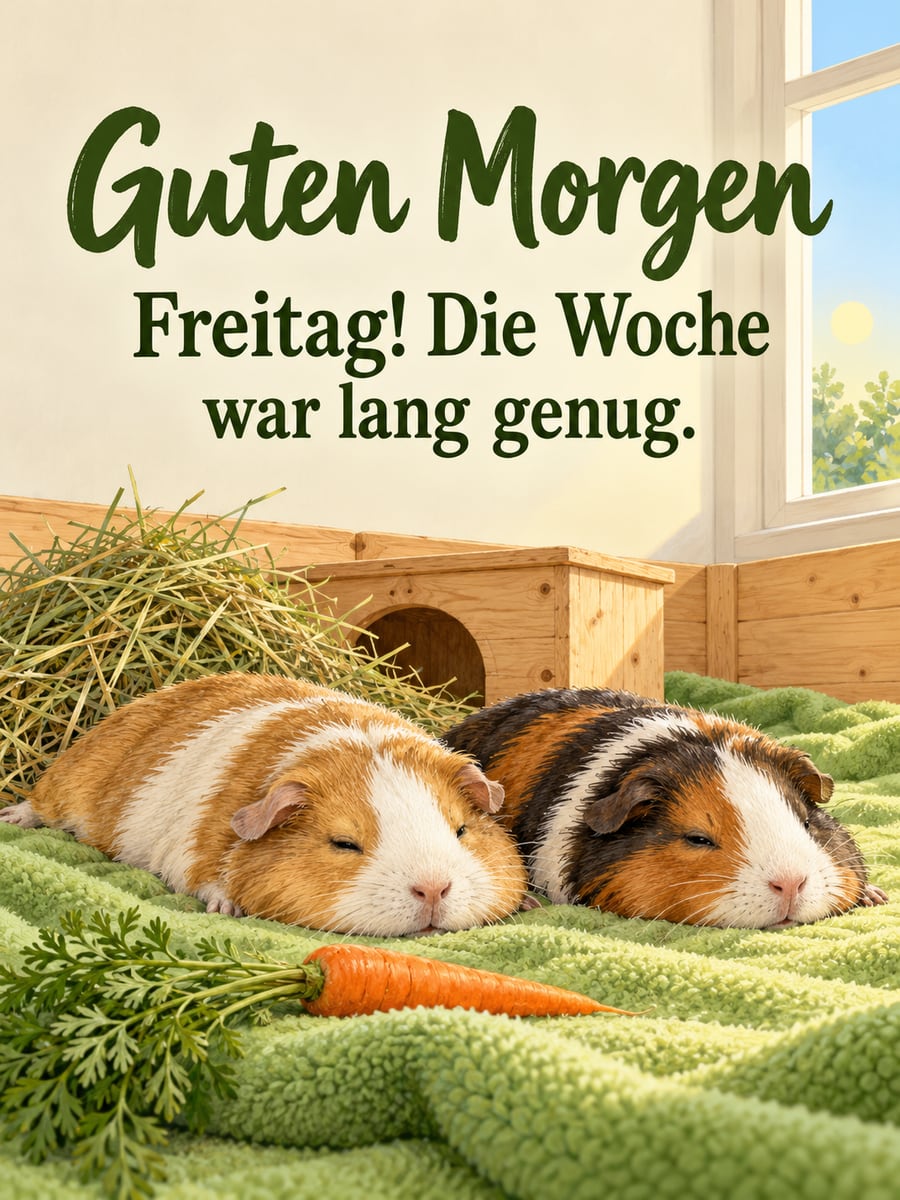 Guten-Morgen-Bild zum Freitag mit dem Text „Guten Morgen“ und „Freitag! Die Woche war lang genug.“ – Motiv: Meerschweinchen, Heu, Möhre, Wochenende