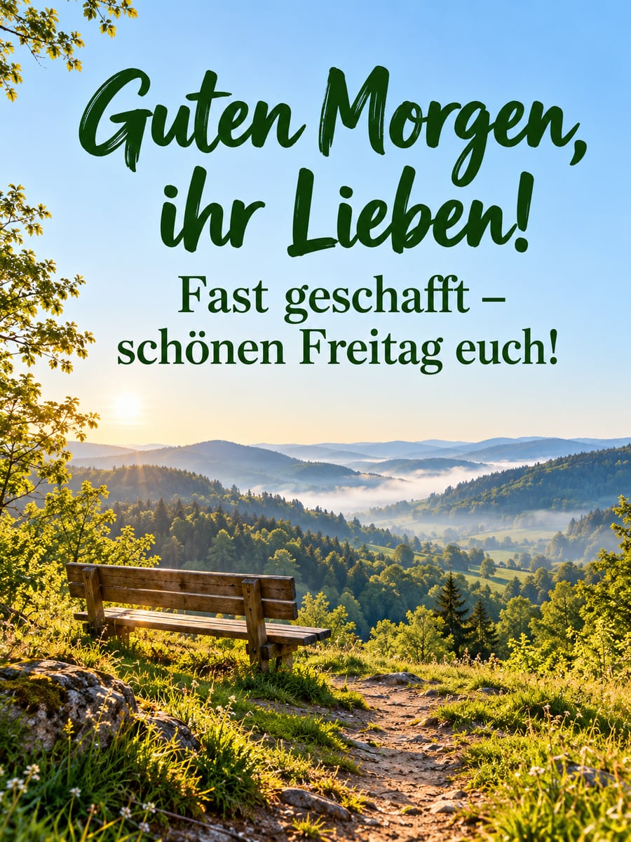 Guten-Morgen-Bild zum Freitag mit dem Text „Guten Morgen, ihr Lieben!“ und „Fast geschafft – schönen Freitag euch!“ – Motiv: Mittelgebirge, Aussicht, Bank, Wandern