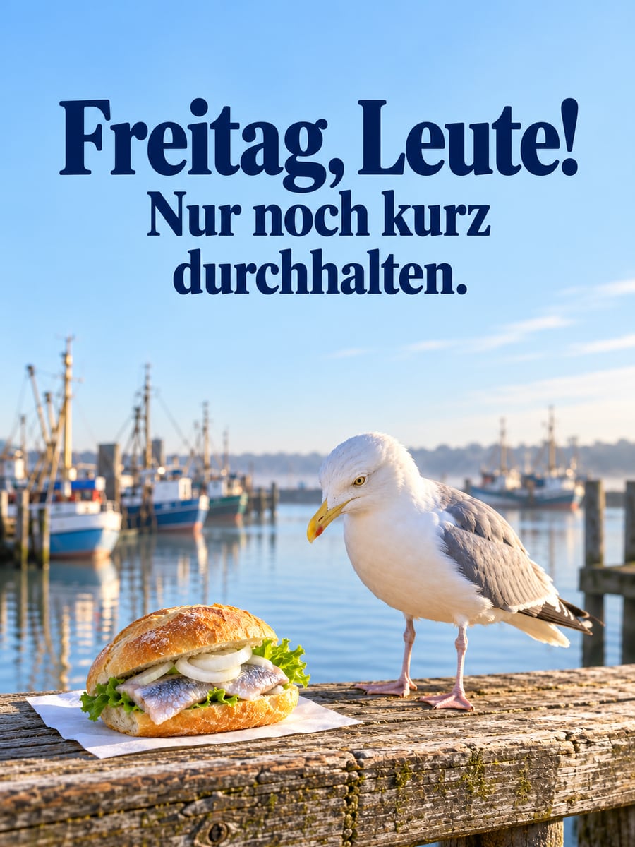 Guten-Morgen-Bild zum Freitag mit dem Text „Freitag, Leute!“ und „Nur noch kurz durchhalten.“ – Motiv: Möwe, Fischbrötchen, Hafen, Nordsee