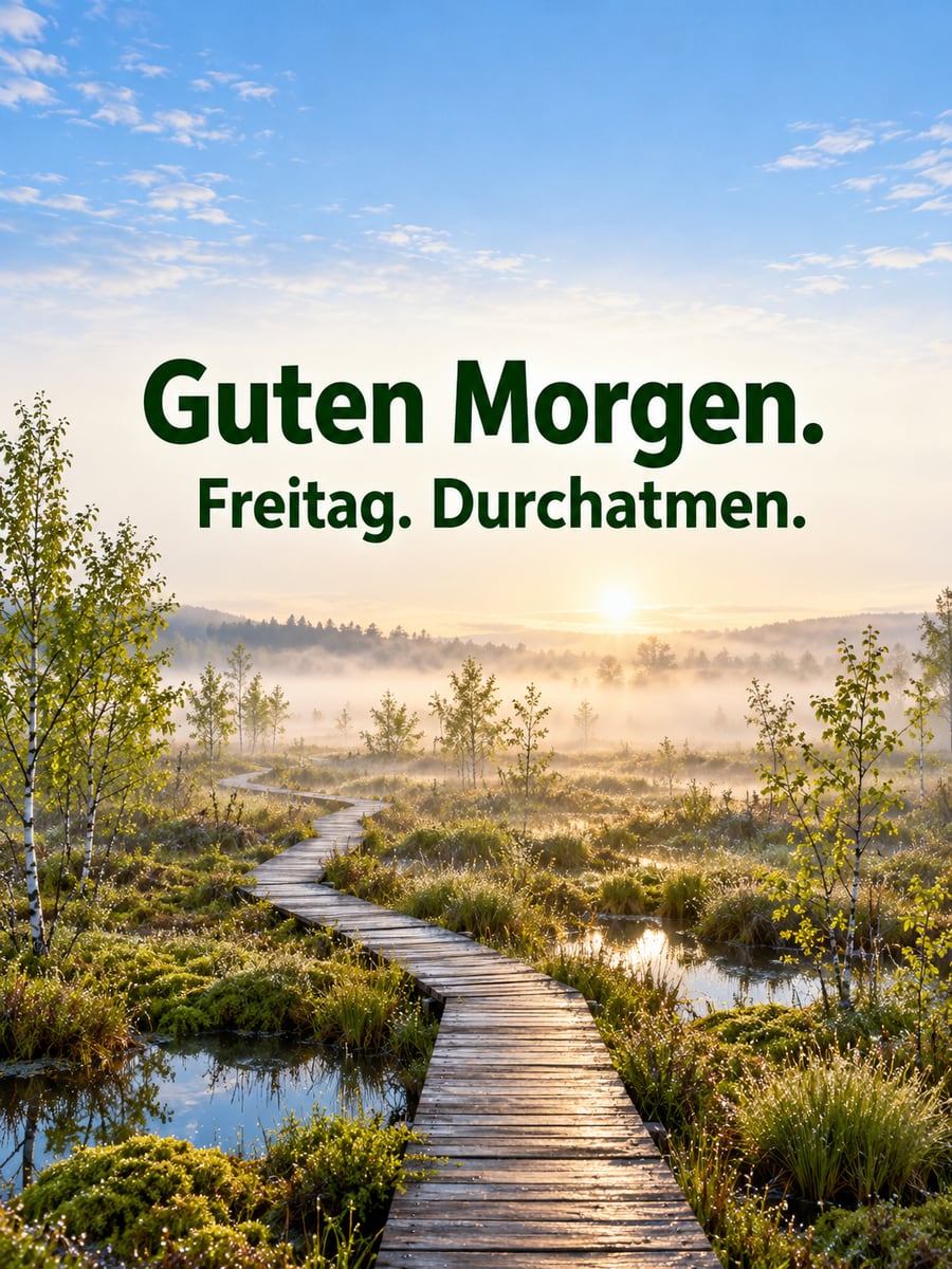 Guten-Morgen-Bild zum Freitag mit dem Text „Guten Morgen.“ und „Freitag. Durchatmen.“ – Motiv: Moor, Bohlenweg, Birken, Morgennebel