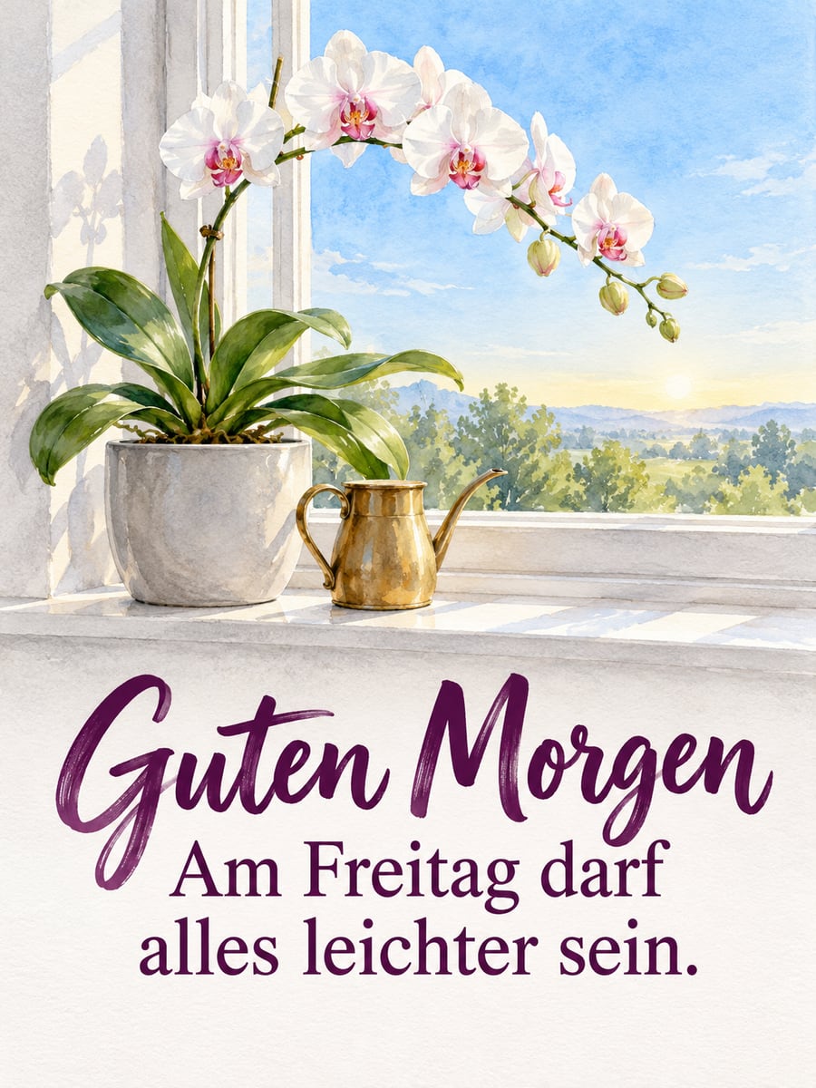 Guten-Morgen-Bild zum Freitag mit dem Text „Guten Morgen“ und „Am Freitag darf alles leichter sein.“ – Motiv: Orchidee, Fensterbank, Zimmerpflanze, Aquarell