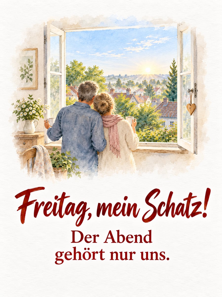 Guten-Morgen-Bild zum Freitag mit dem Text „Freitag, mein Schatz!“ und „Der Abend gehört nur uns.“ – Motiv: Paar, Fenster, Kaffee, Herz, Dächer