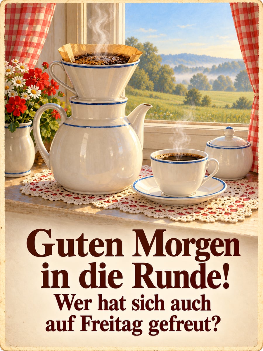 Guten-Morgen-Bild zum Freitag mit dem Text „Guten Morgen in die Runde!“ und „Wer hat sich auch auf Freitag gefreut?“ – Motiv: Filterkaffee, Porzellanfilter, Kaffeekanne, Häkeldeckchen