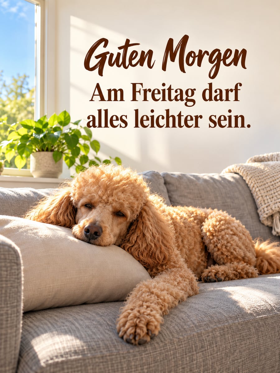 Guten-Morgen-Bild zum Freitag mit dem Text „Guten Morgen“ und „Am Freitag darf alles leichter sein.“ – Motiv: Pudel, Sofa, Wohnzimmer, Wochenende