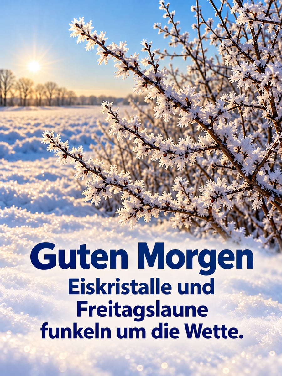 Guten-Morgen-Bild zum Freitag mit dem Text „Guten Morgen“ und „Eiskristalle und Freitagslaune funkeln um die Wette.“ – Motiv: Raureif, Eiskristalle, Hecke, Wintersonne