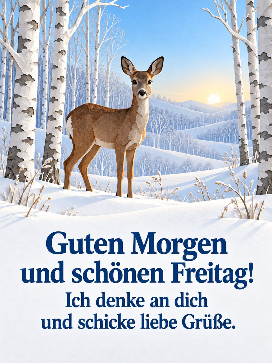 Guten-Morgen-Bild zum Freitag mit dem Text „Guten Morgen und schönen Freitag!“ und „Ich denke an dich und schicke liebe Grüße.“ – Motiv: Reh, Birken, Schnee, Papierschnitt