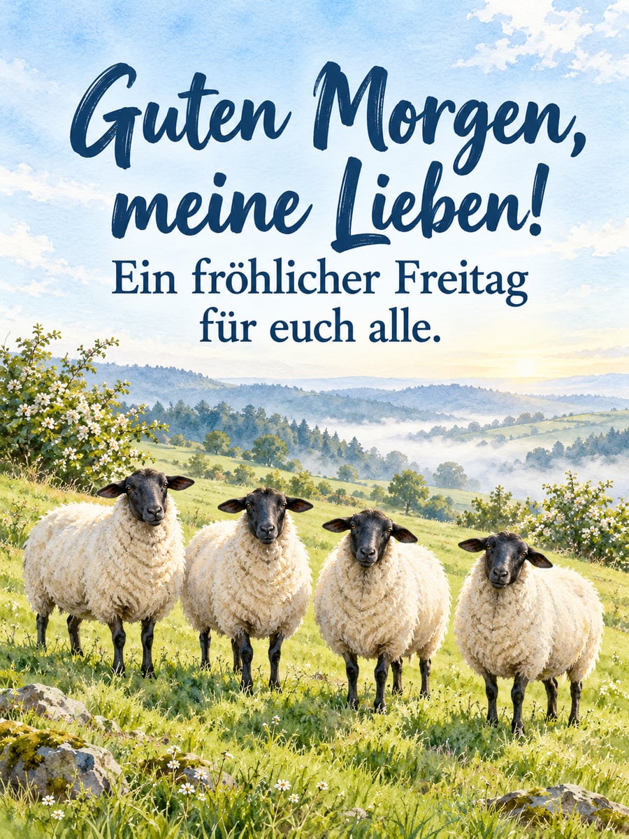 Guten-Morgen-Bild zum Freitag mit dem Text „Guten Morgen, meine Lieben!“ und „Ein fröhlicher Freitag für euch alle.“ – Motiv: Rhönschaf, Weide, Schafe, Mittelgebirge