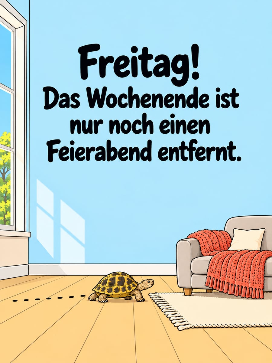 Guten-Morgen-Bild zum Freitag mit dem Text „Freitag!“ und „Das Wochenende ist nur noch einen Feierabend entfernt.“ – Motiv: Schildkröte, Sofa, Wohnzimmer, Feierabend