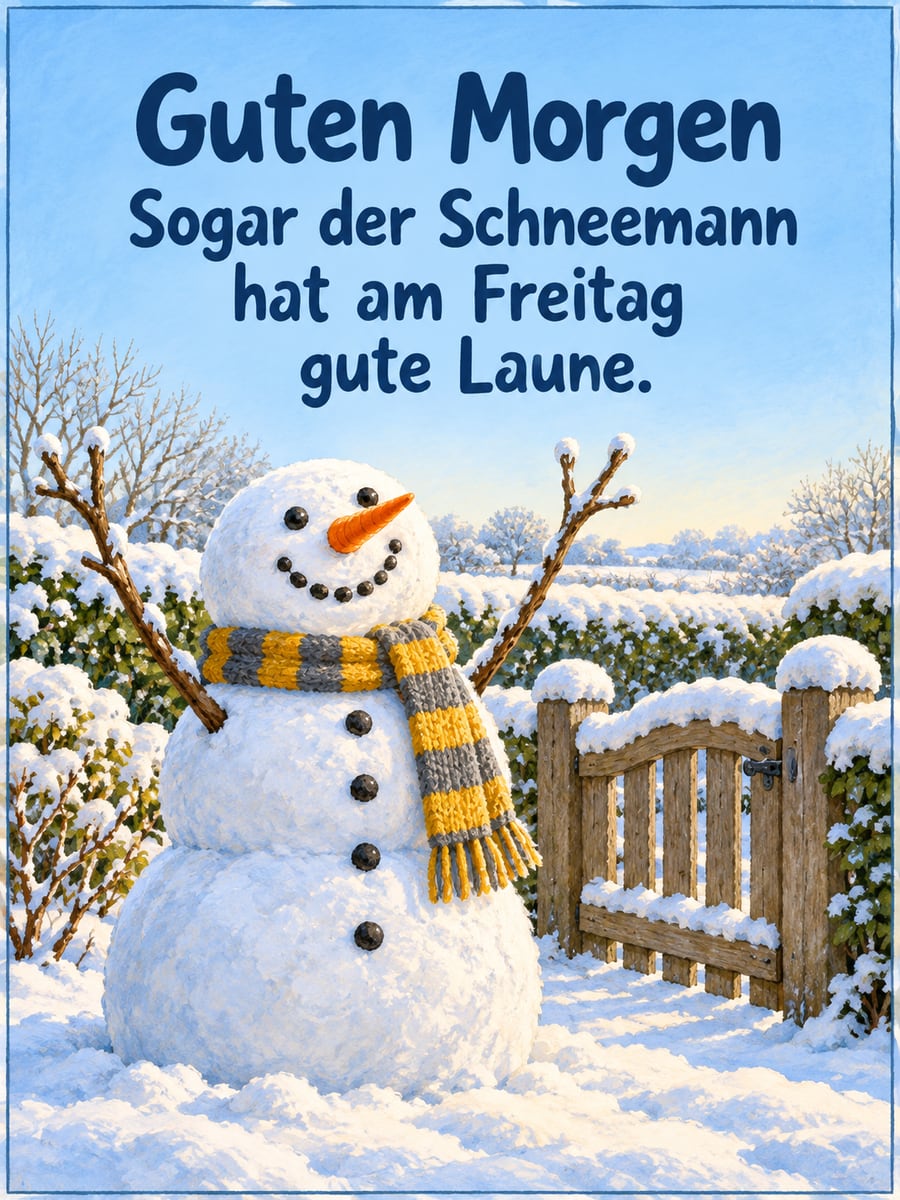 Guten-Morgen-Bild zum Freitag mit dem Text „Guten Morgen“ und „Sogar der Schneemann hat am Freitag gute Laune.“ – Motiv: Schneemann, Vorgarten, Schnee, gute Laune