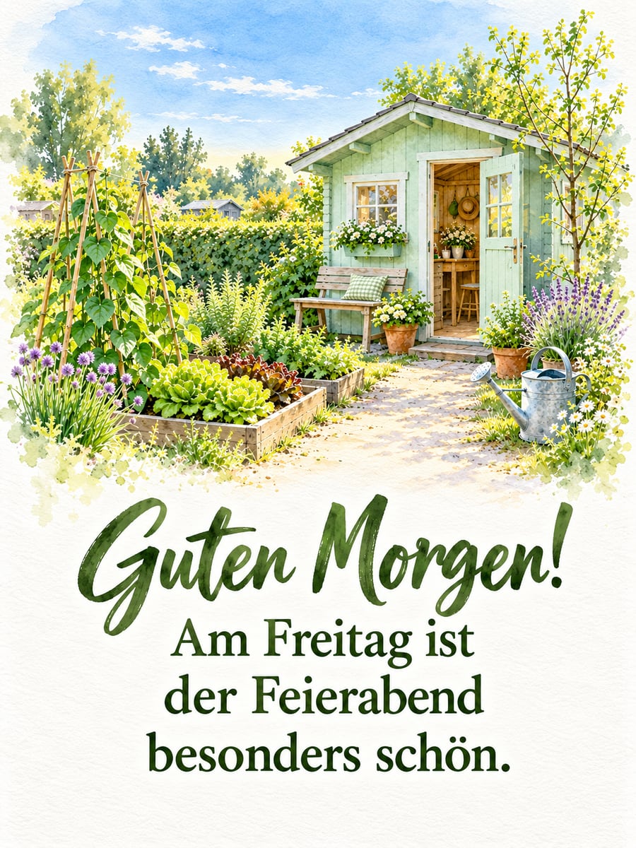 Guten-Morgen-Bild zum Freitag mit dem Text „Guten Morgen!“ und „Am Freitag ist der Feierabend besonders schön.“ – Motiv: Schrebergarten, Gartenlaube, Beete, Feierabend