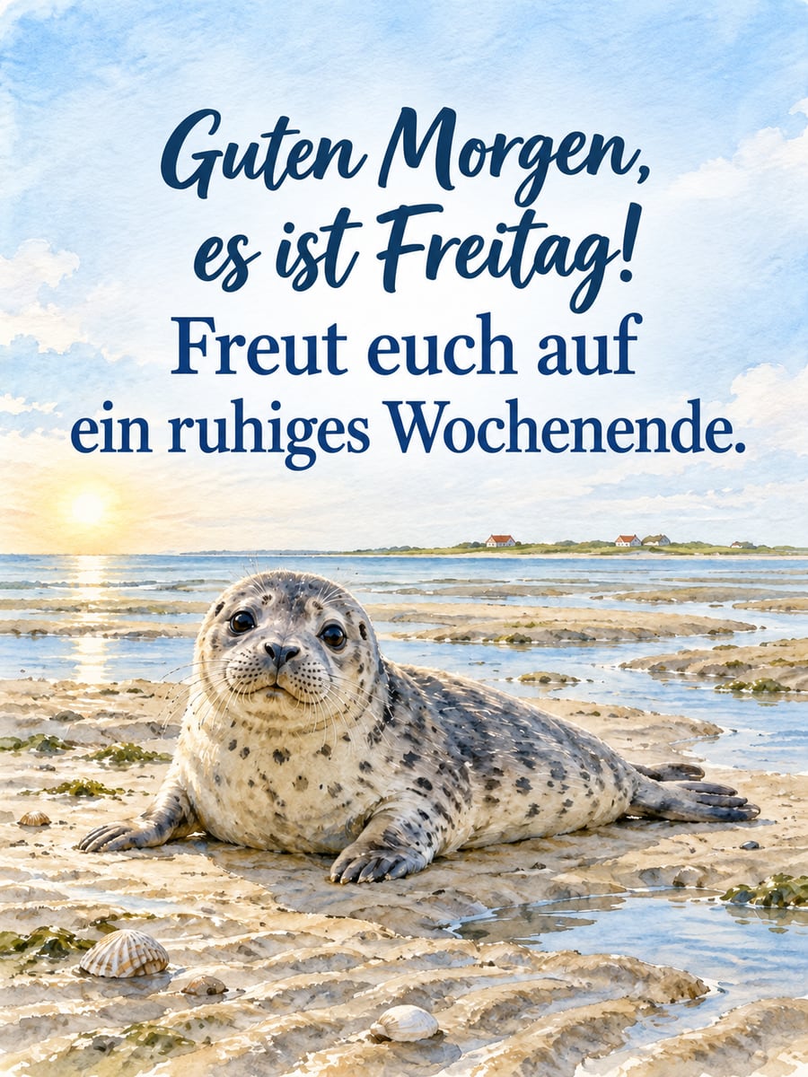 Guten-Morgen-Bild zum Freitag mit dem Text „Guten Morgen, es ist Freitag!“ und „Freut euch auf ein ruhiges Wochenende.“ – Motiv: Seehund, Sandbank, Wattenmeer, Nordsee