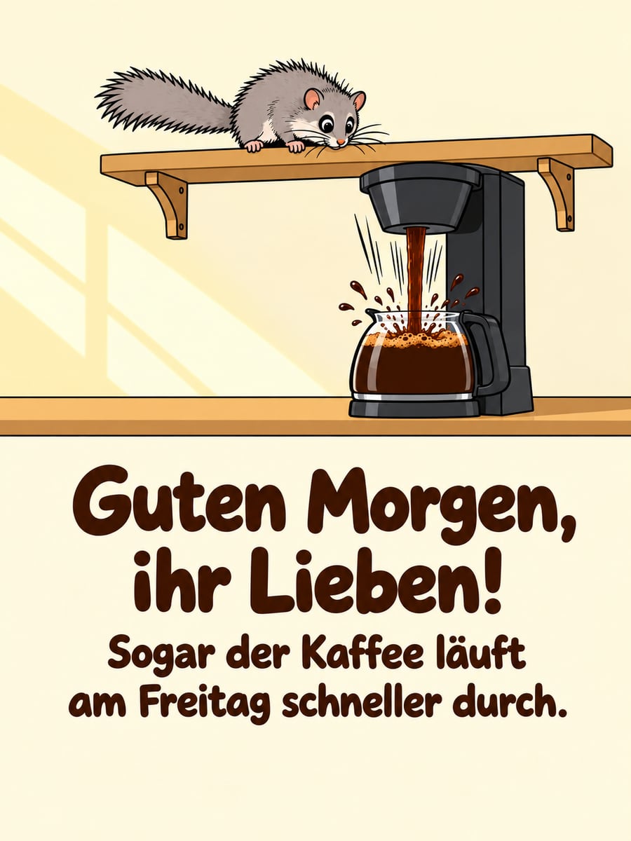 Guten-Morgen-Bild zum Freitag mit dem Text „Guten Morgen, ihr Lieben!“ und „Sogar der Kaffee läuft am Freitag schneller durch.“ – Motiv: Siebenschläfer, Filterkaffee, Kaffeemaschine, Freitagslaune
