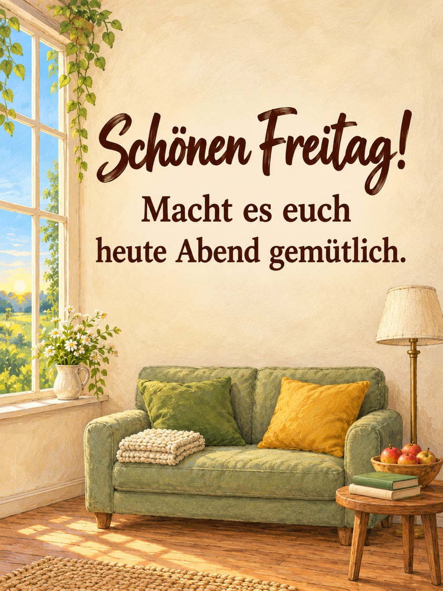 Guten-Morgen-Bild zum Freitag mit dem Text „Schönen Freitag!“ und „Macht es euch heute Abend gemütlich.“ – Motiv: Sofa, Stehlampe, Gemütlichkeit, Feierabend