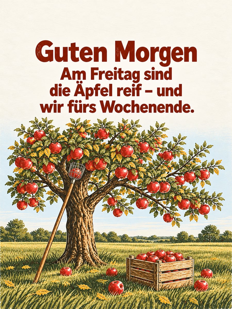 Guten-Morgen-Bild zum Freitag mit dem Text „Guten Morgen“ und „Am Freitag sind die Äpfel reif – und wir fürs Wochenende.“ – Motiv: Apfelbaum, Streuobstwiese, Obstpflücker, Apfelkiste, Herbst