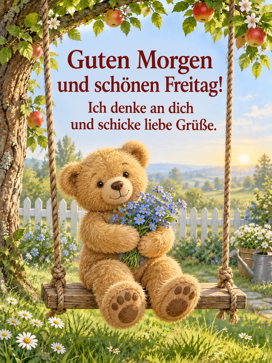 Guten-Morgen-Bild zum Freitag mit dem Text „Guten Morgen und schönen Freitag!“ und „Ich denke an dich und schicke liebe Grüße.“ – Motiv: Teddybär, Schaukel, Vergissmeinnicht, Garten