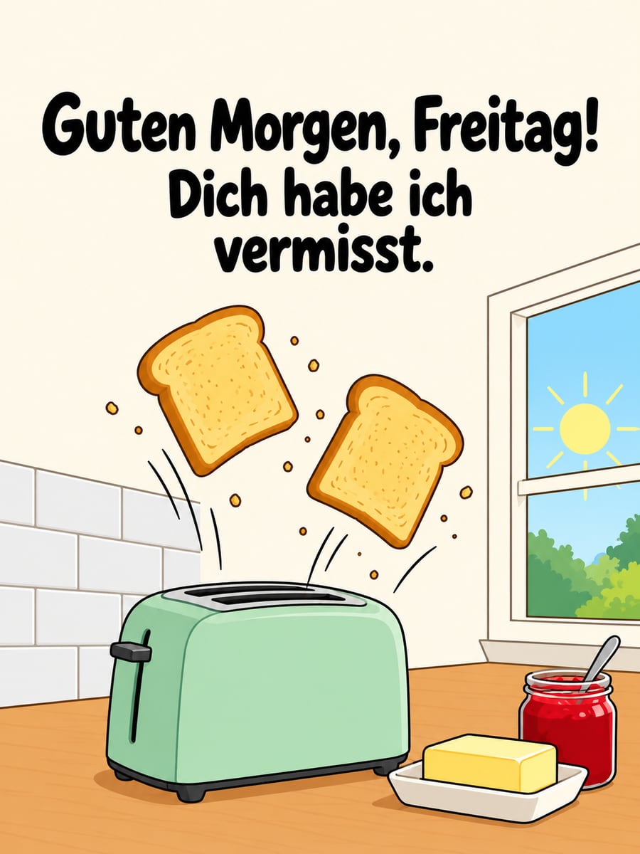 Guten-Morgen-Bild zum Freitag mit dem Text „Guten Morgen, Freitag!“ und „Dich habe ich vermisst.“ – Motiv: Toaster, Toast, Küche, Cartoon