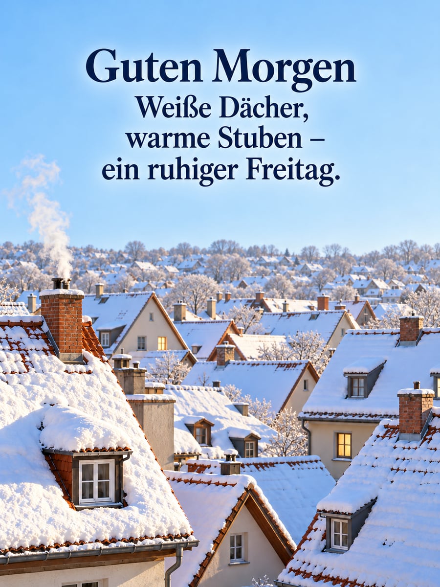 Guten-Morgen-Bild zum Freitag mit dem Text „Guten Morgen“ und „Weiße Dächer, warme Stuben – ein ruhiger Freitag.“ – Motiv: Dächer, Schnee, Fenster, Stube, Kleinstadt