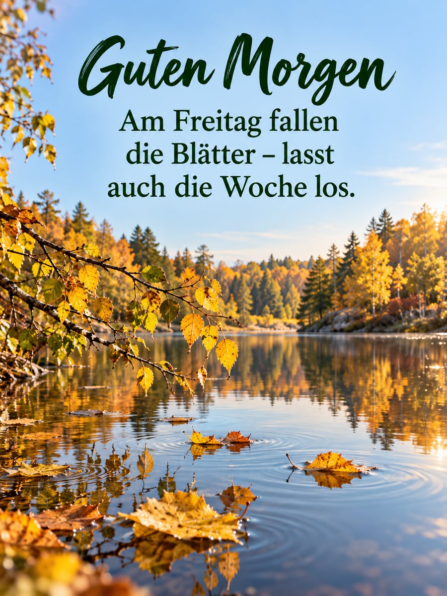 Guten-Morgen-Bild zum Freitag mit dem Text „Guten Morgen“ und „Am Freitag fallen die Blätter – lasst auch die Woche los.“ – Motiv: Waldsee, Herbstlaub, Blätter, Loslassen