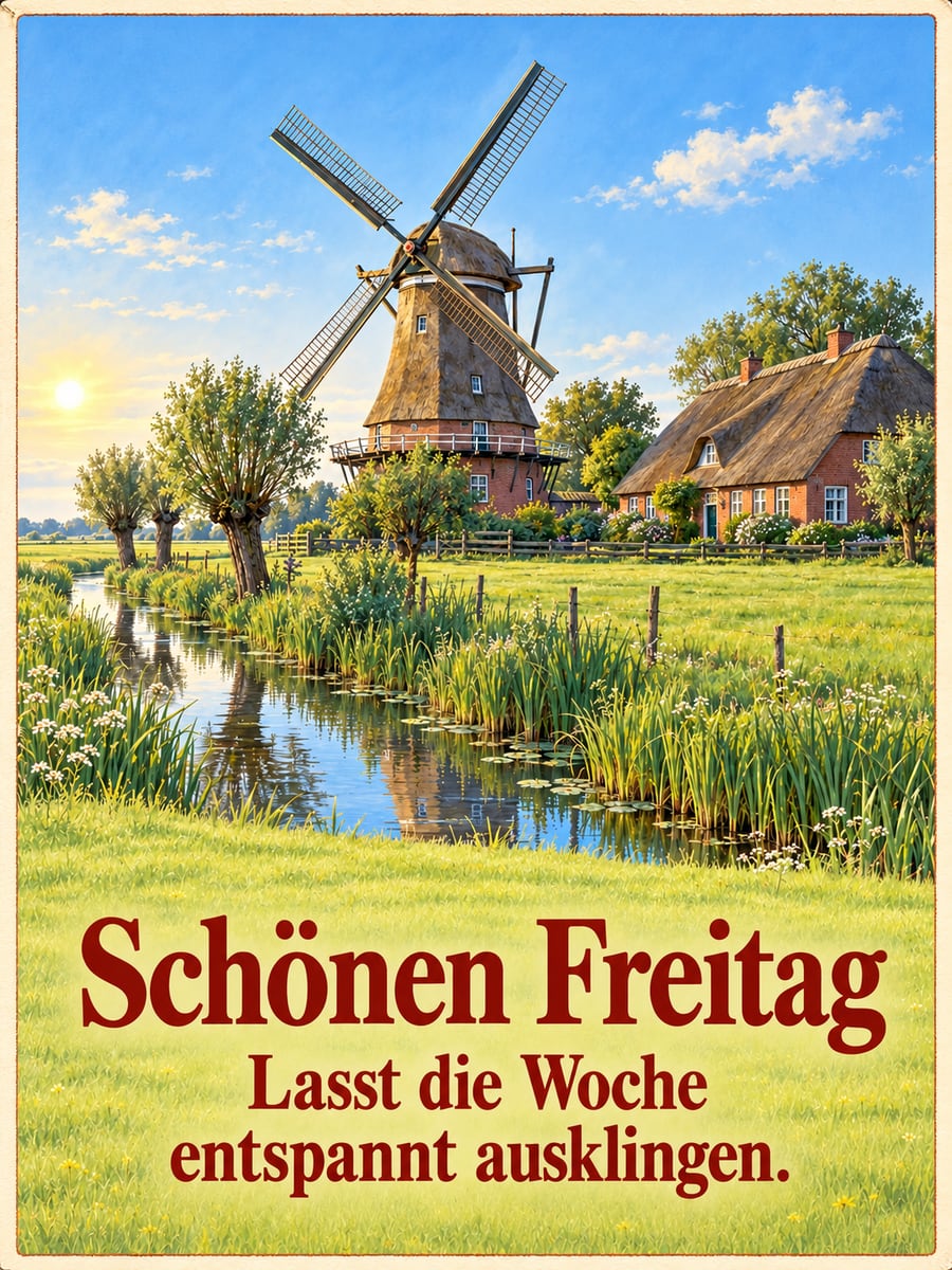 Guten-Morgen-Bild zum Freitag mit dem Text „Schönen Freitag“ und „Lasst die Woche entspannt ausklingen.“ – Motiv: Windmühle, Marsch, Kopfweiden, Norddeutschland